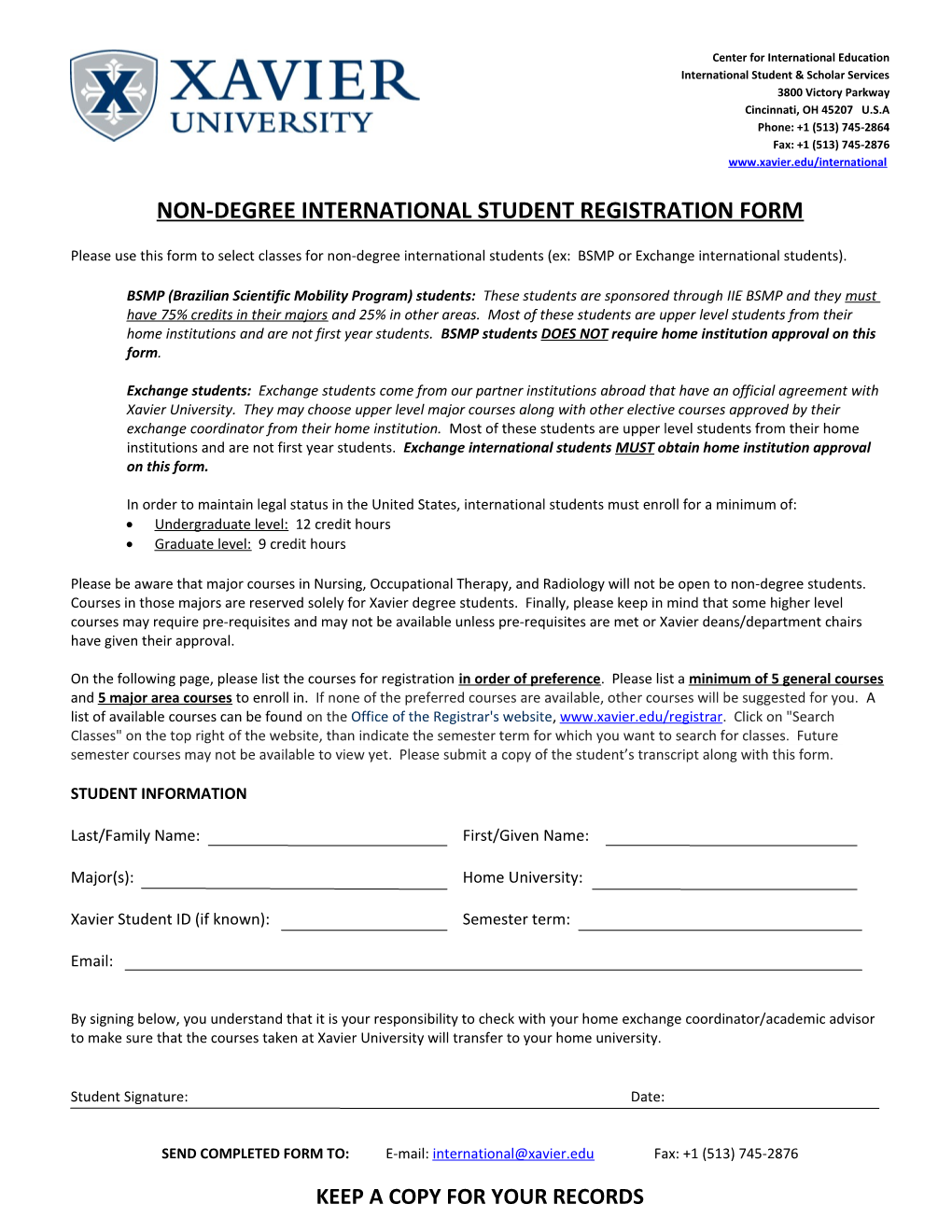 Non-Degree International Student Registration Form