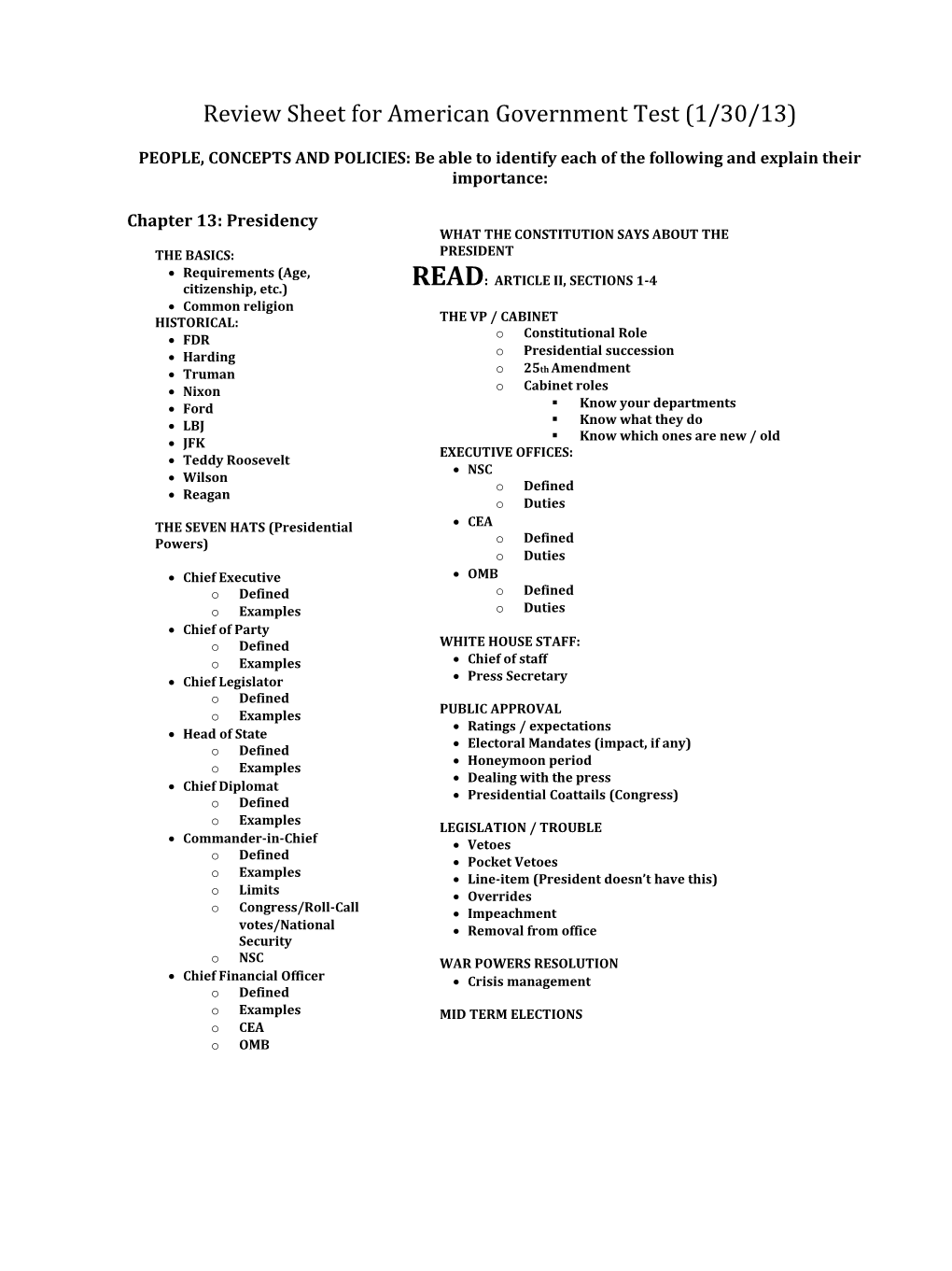 Review Sheet for American Government Test (1/30/13)