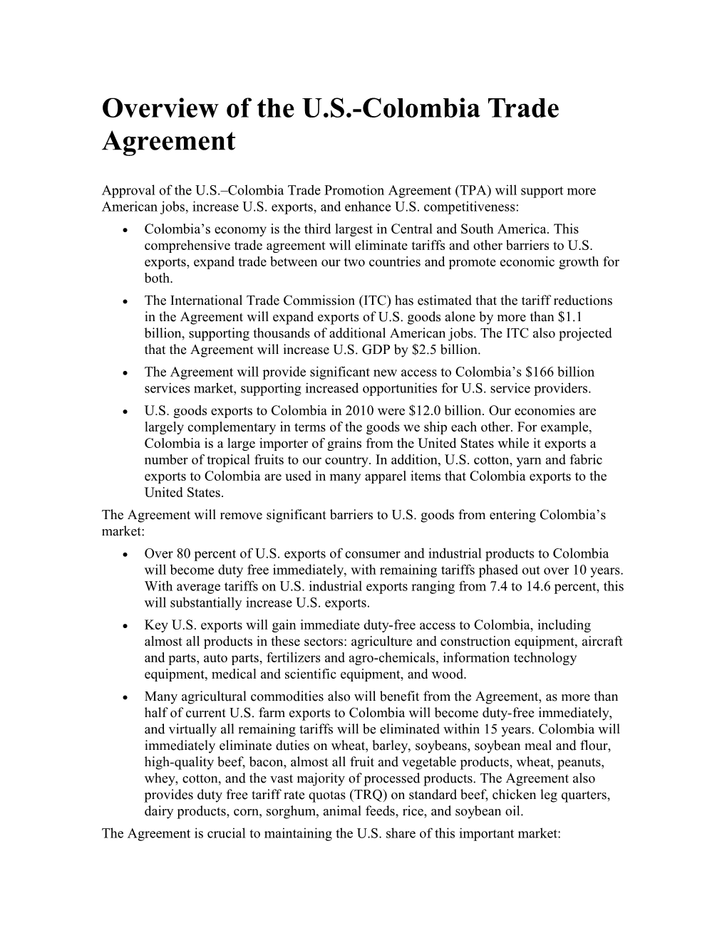 Overview of the U.S.-Colombia Trade Agreement