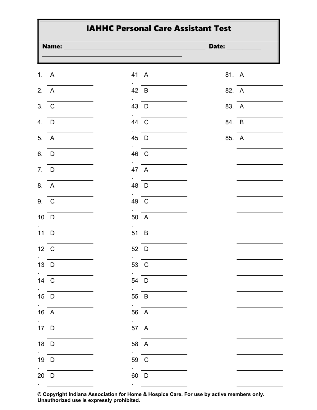 IAHHC Personal Care Assistant Test