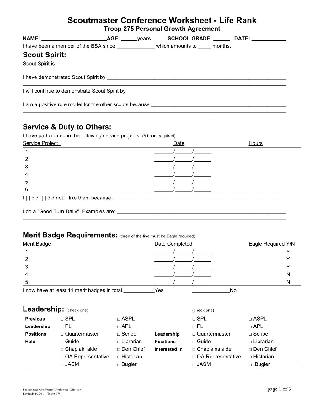 Scoutmaster Conference Worksheet - 1St Class Rank