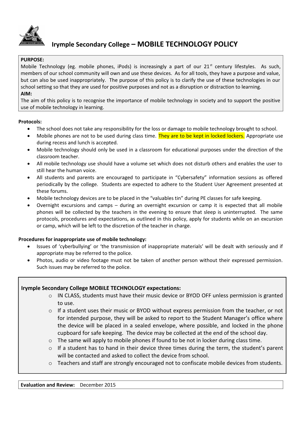 Irymple Secondary College MOBILE TECHNOLOGY POLICY