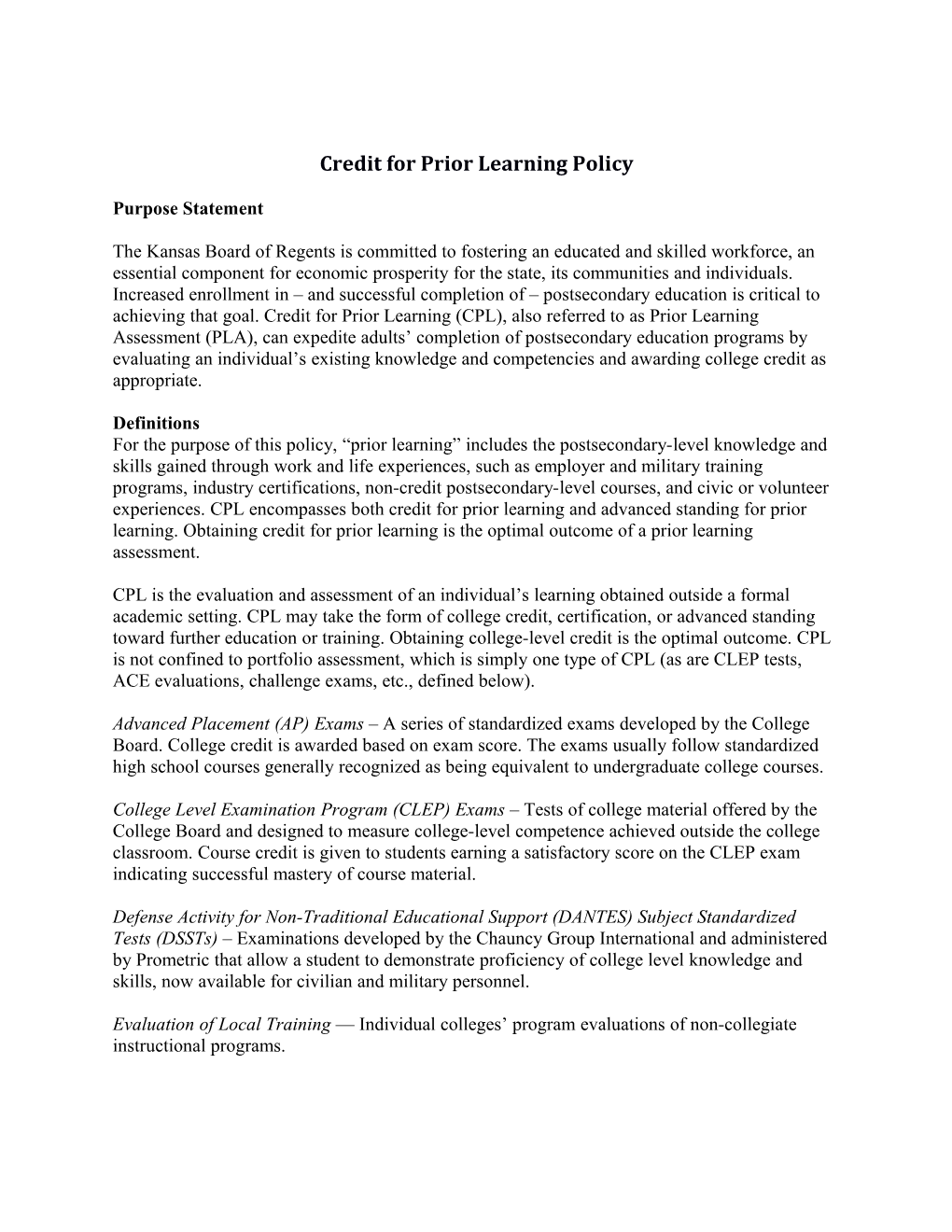 Credit for Prior Learning Policy
