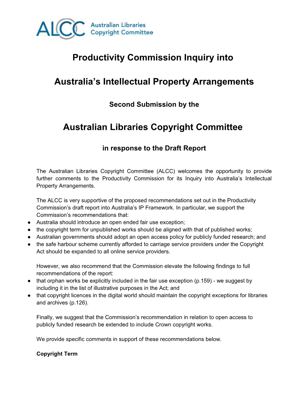Submission DR602 - Australian Libraries Copyright Committee - Intellectual Property Arrangements