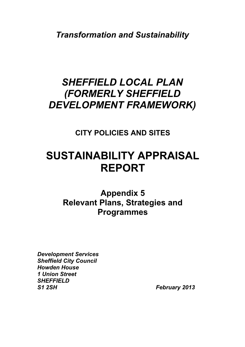 Sheffield Local Plan (Formerly Sheffield Development Framework)