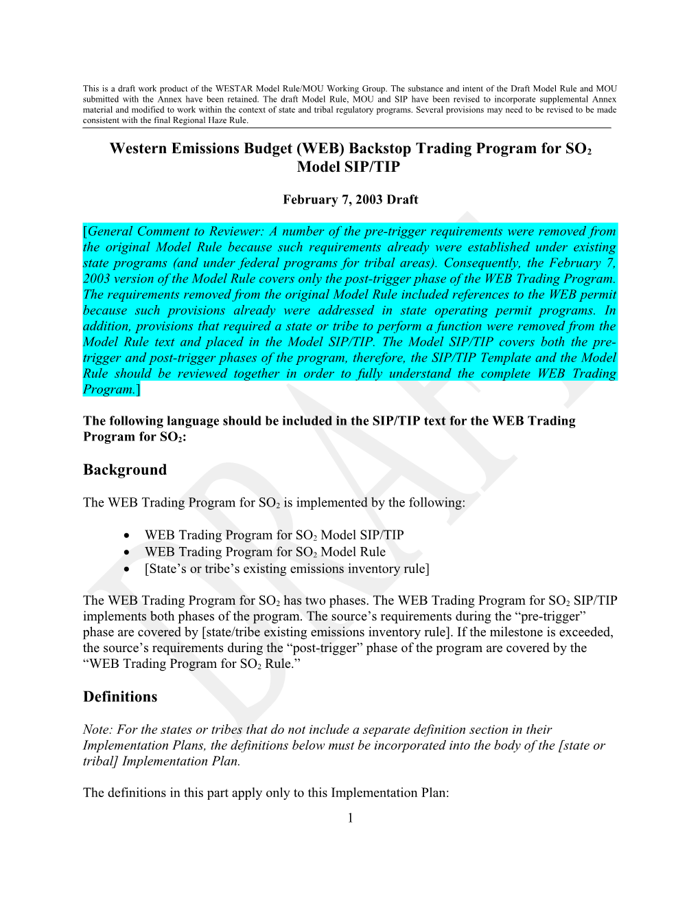 Western Emissions Budget (WEB) Backstop Trading Program for SO2