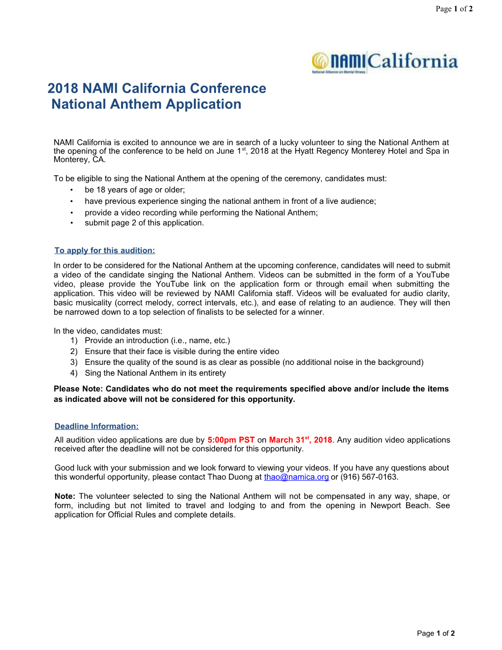 2018 NAMI California Conference National Anthem Application