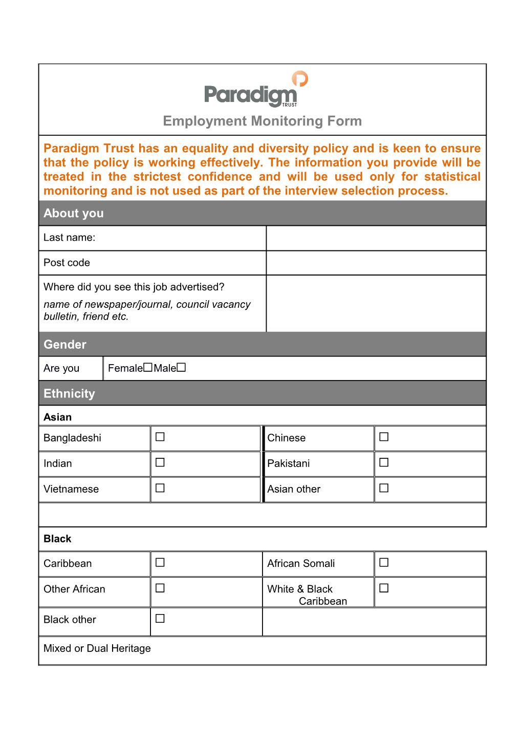 Employment Monitoring Form