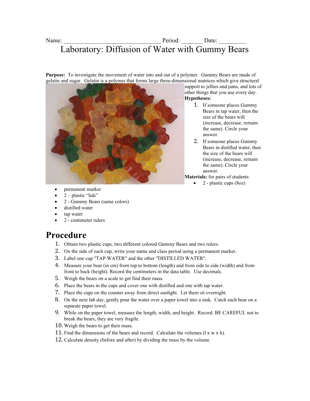 Laboratory: Diffusion of Water with Gummy Bears