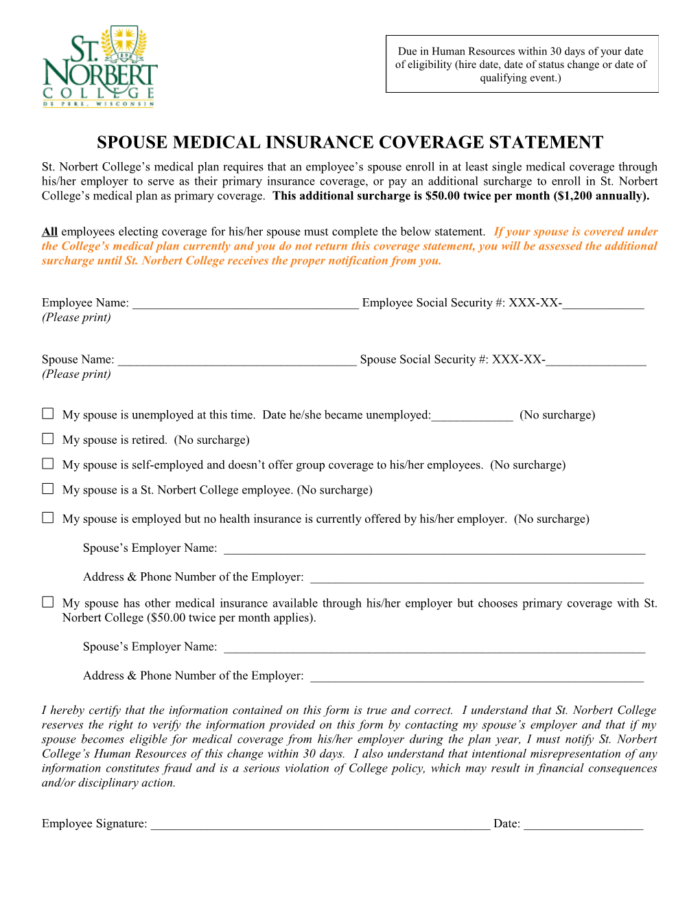 Spouse Medical Insurance Coverage Statement