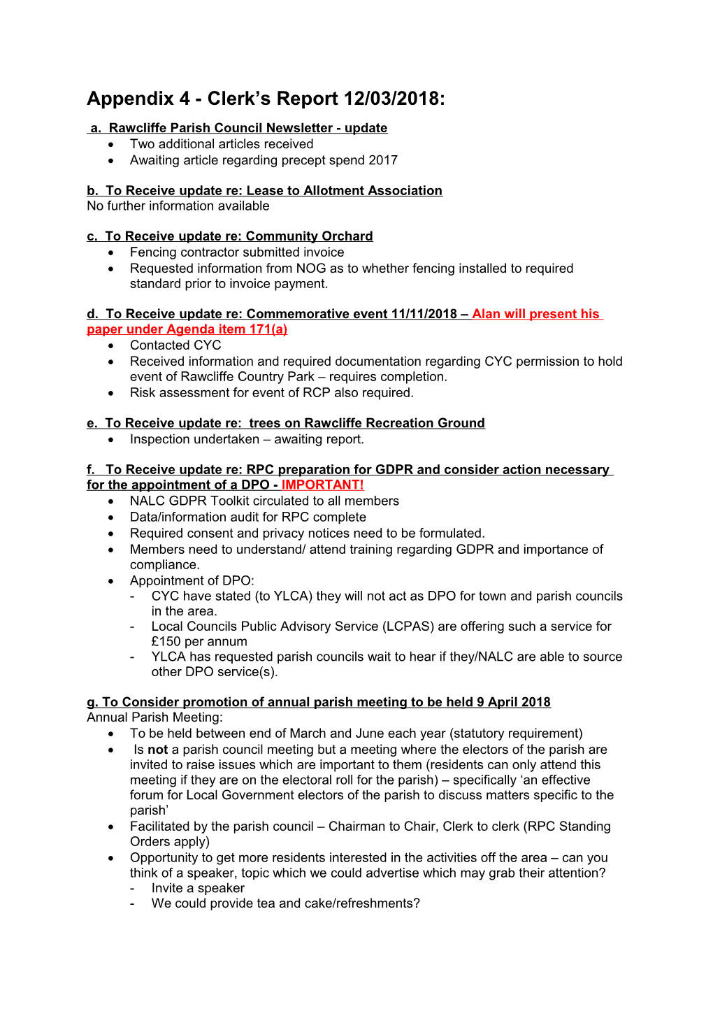 Appendix 4 - Clerk S Report 12/03/2018