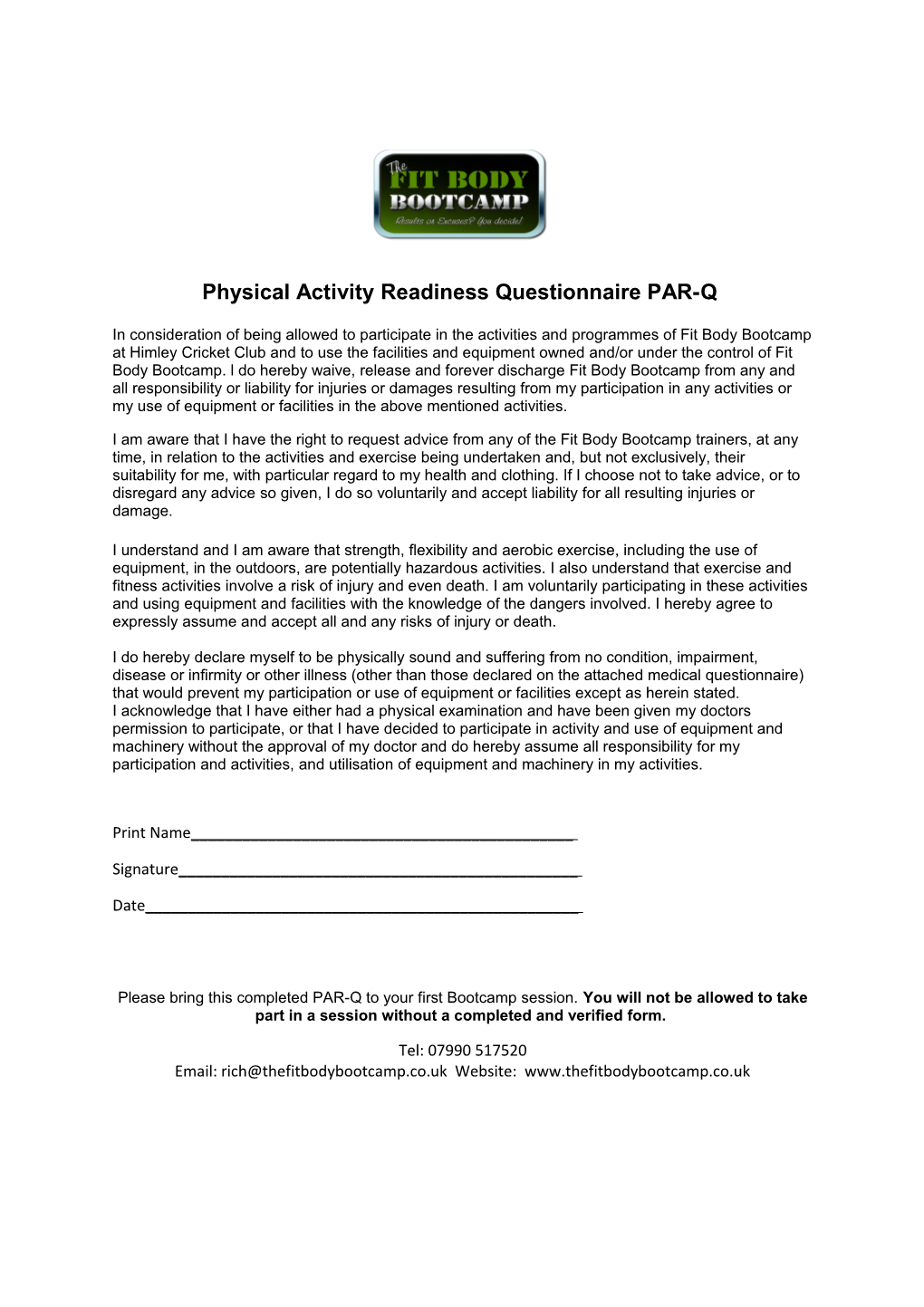 Physical Activity Readiness Questionnaire PAR-Q