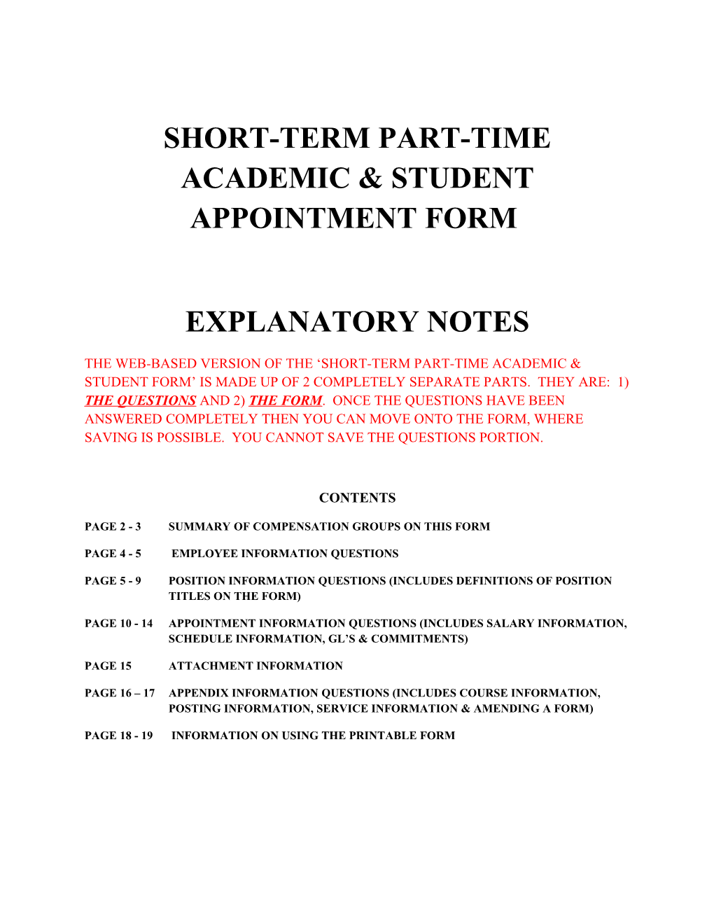 Short-Term Part-Time Academic & Student Appointment Form