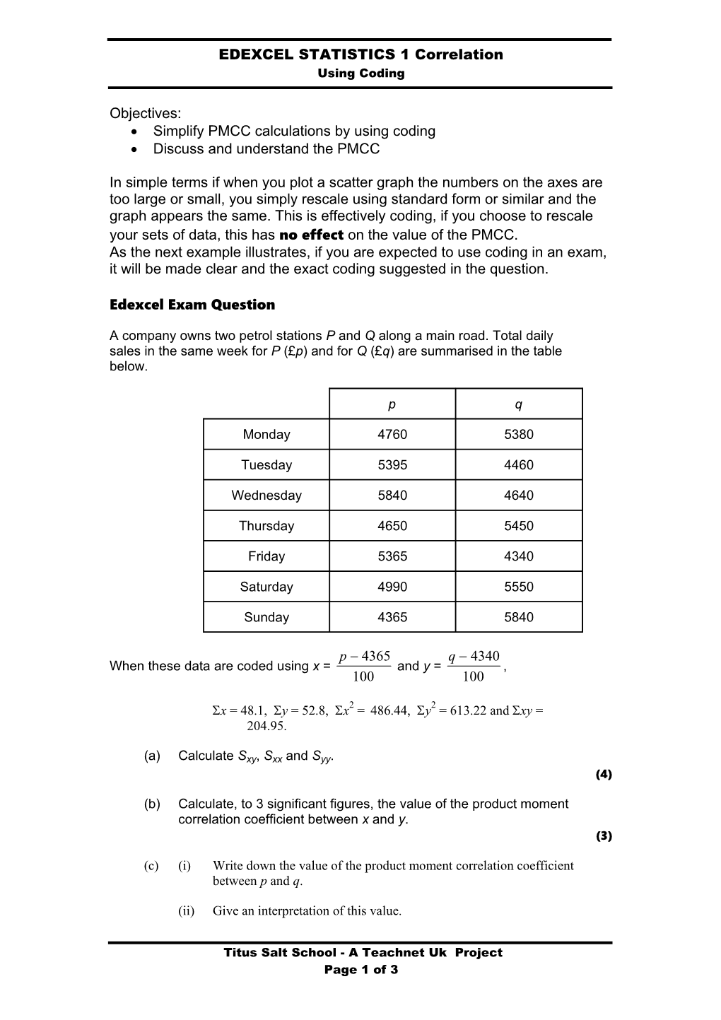 EDEXCEL STATISTICS 1 Correlation