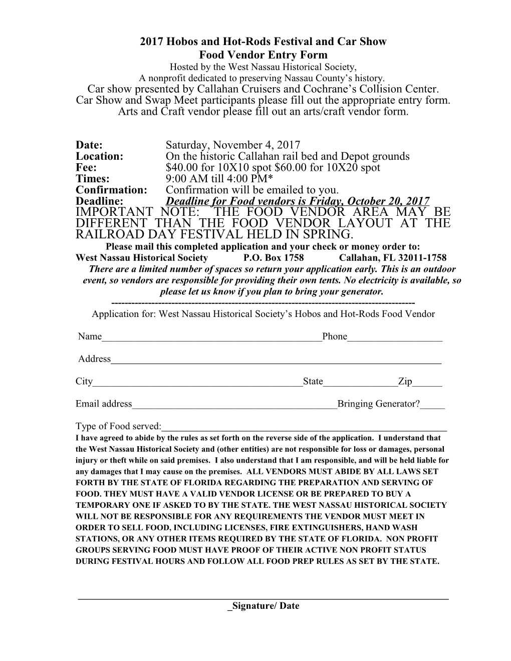 Railroad Days Festival Food Vendor Entry Form