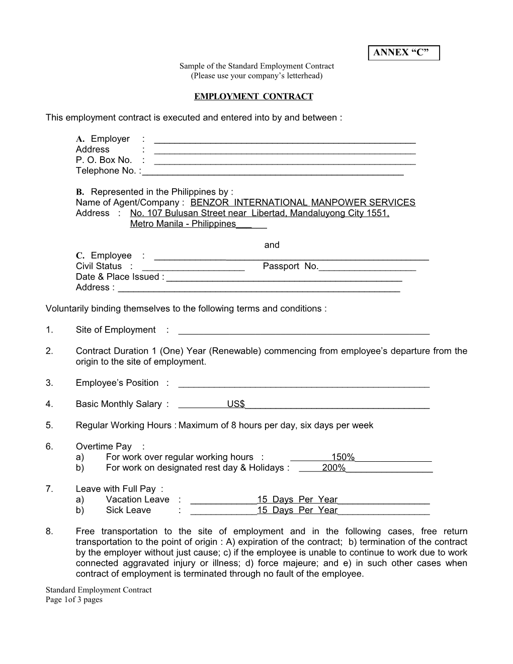 Sample of the Standard Employment Contract