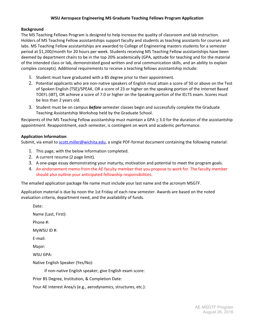 WSU Aerospace Engineering MS Graduate Teaching Fellows Program Application