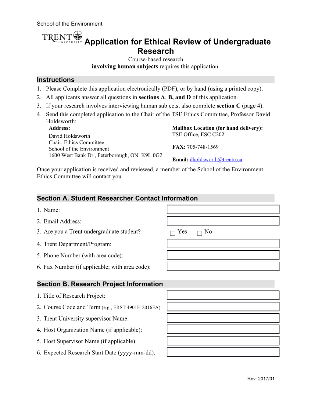 Application for Ethical Review of Proposed Research