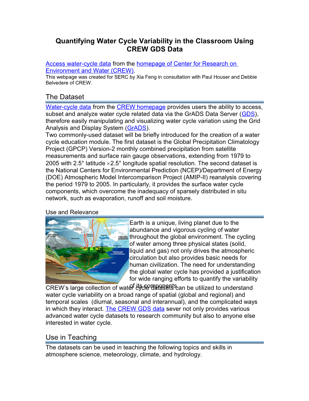 Quantifying Water Cycle Variability in the Classroom Using CREW GDS Data