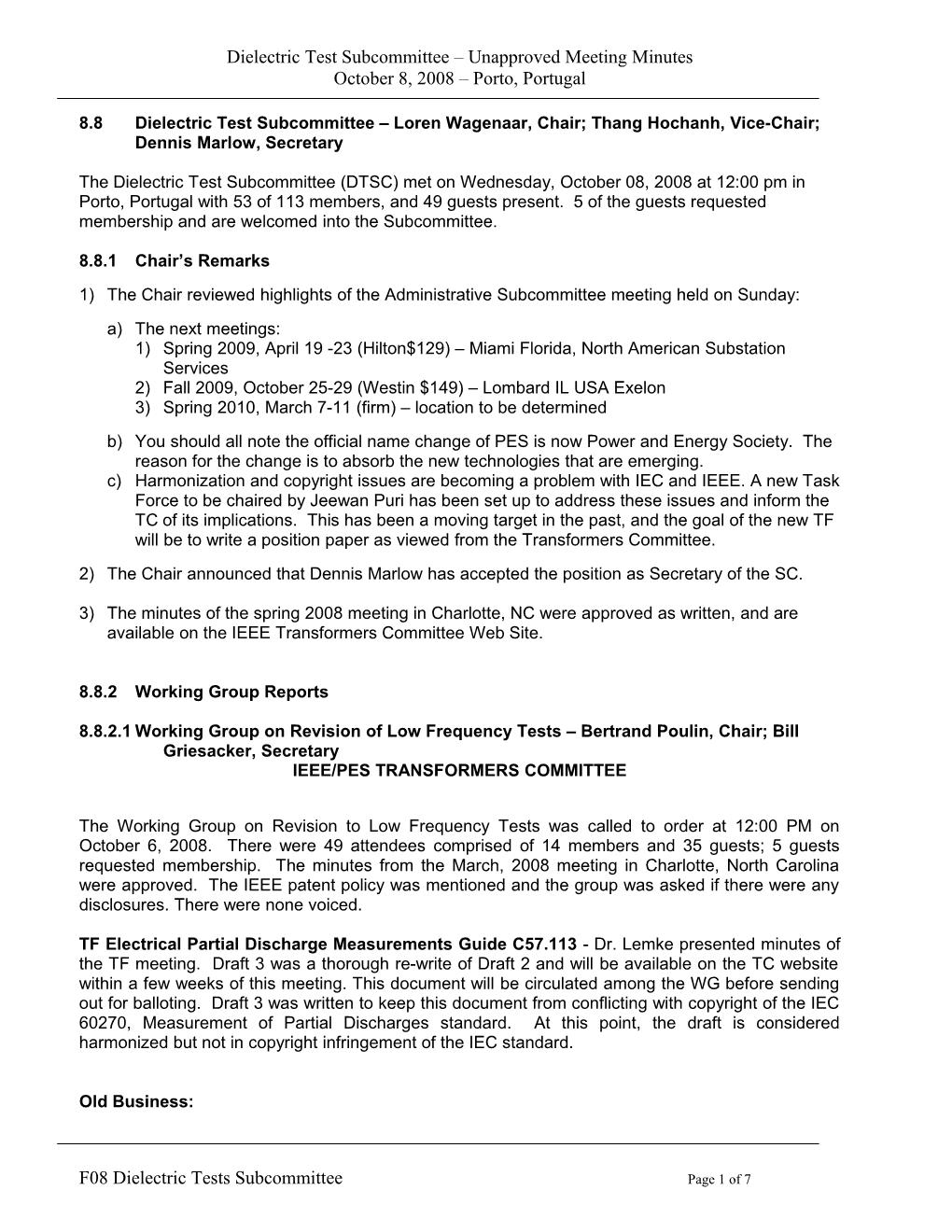 Fall 2008 Dielectric Test Subcommittee Minutes