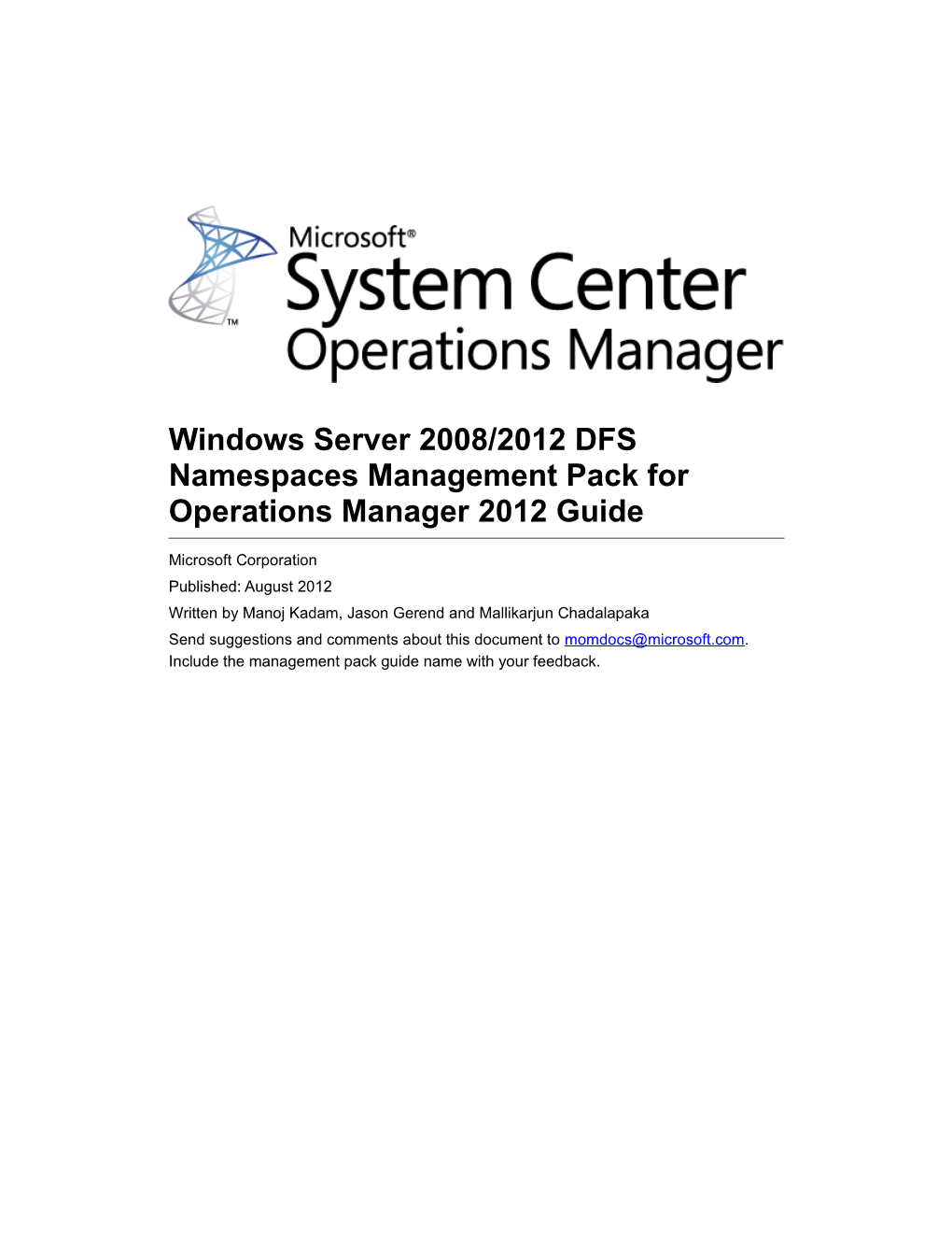 Windows Server2008/2012 DFS Namespaces Management Pack for Operations Manager2012 Guide
