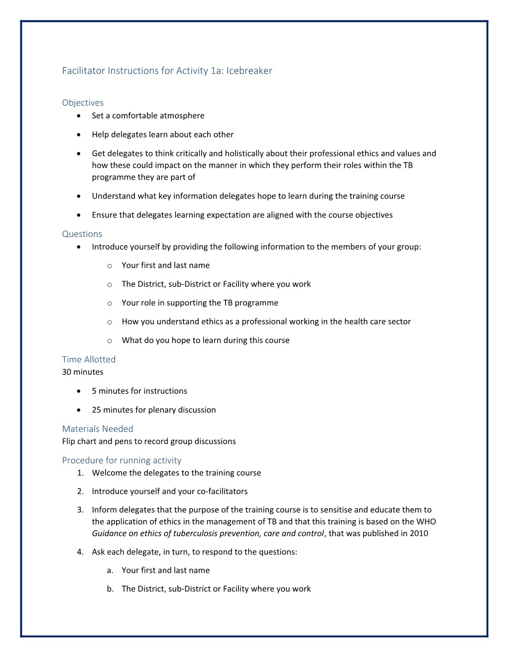 Facilitator Instructions for Activity 1A: Icebreaker