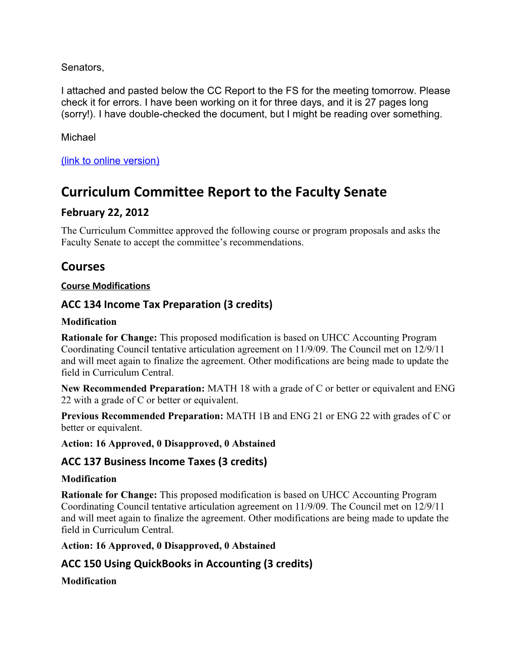 Curriculum Committee Report to the Faculty Senate