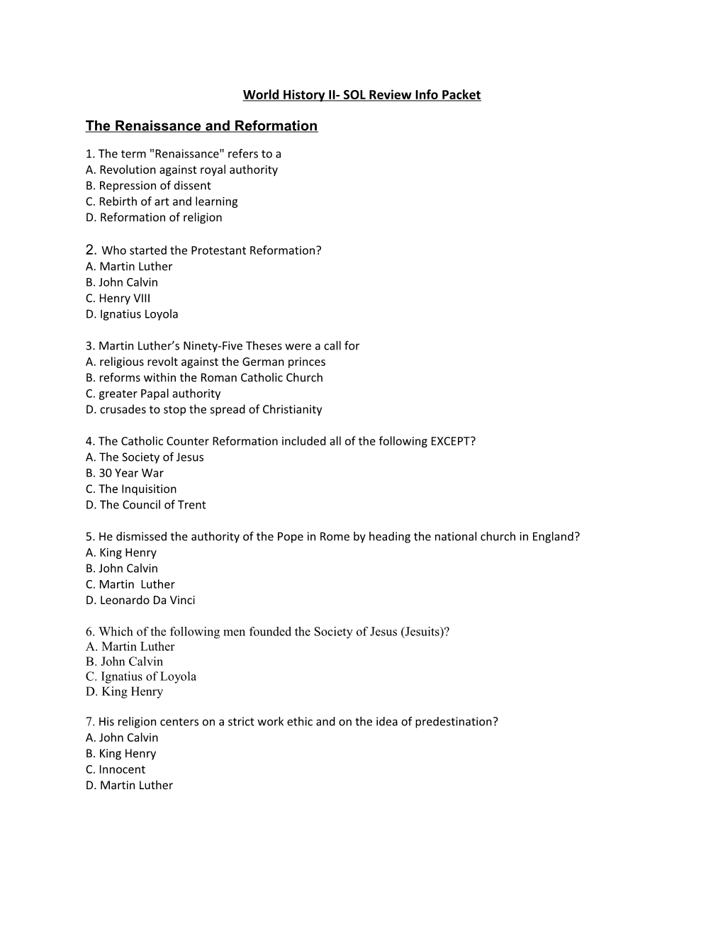 World History II- SOL Review Info Packet