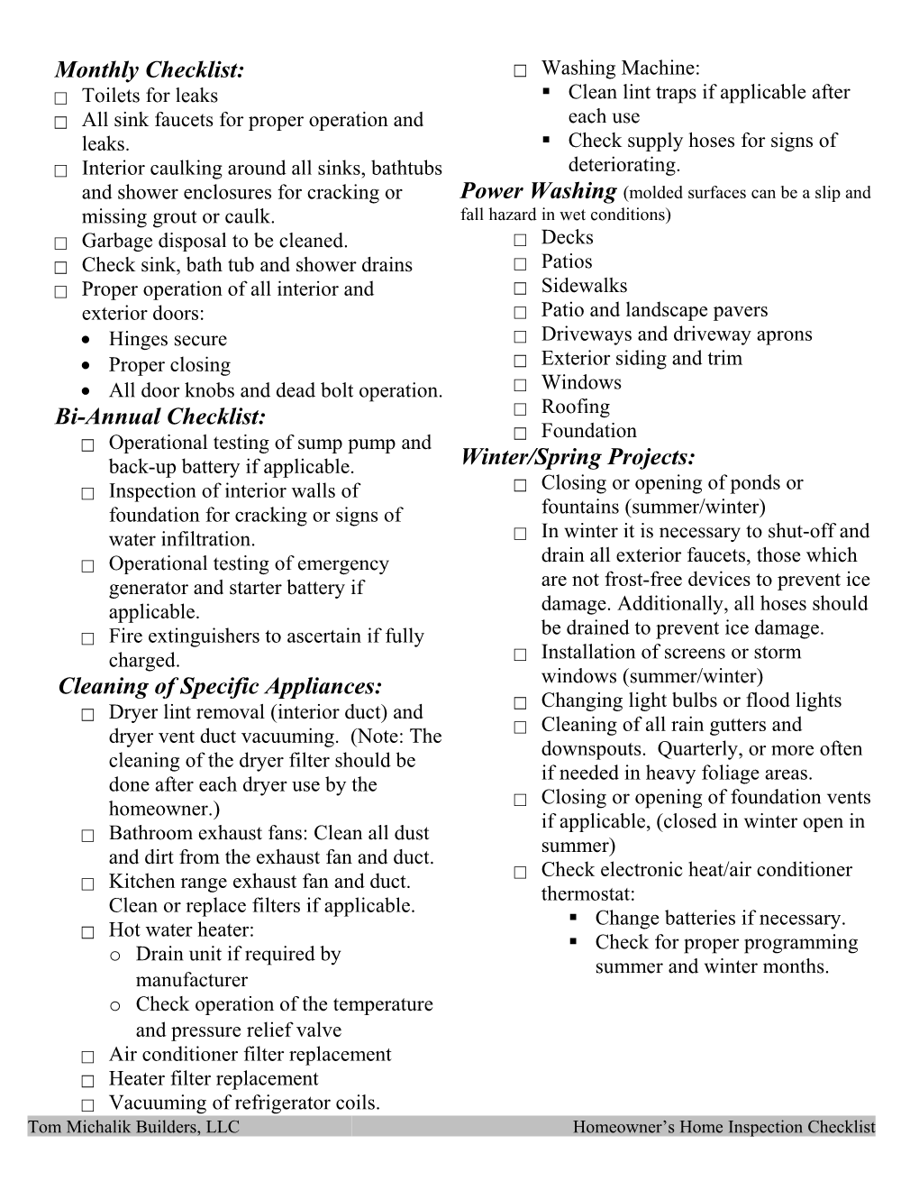 Monthly Checklist