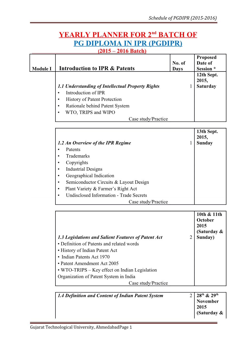 Schedule of PGDIPR (2015-2016)