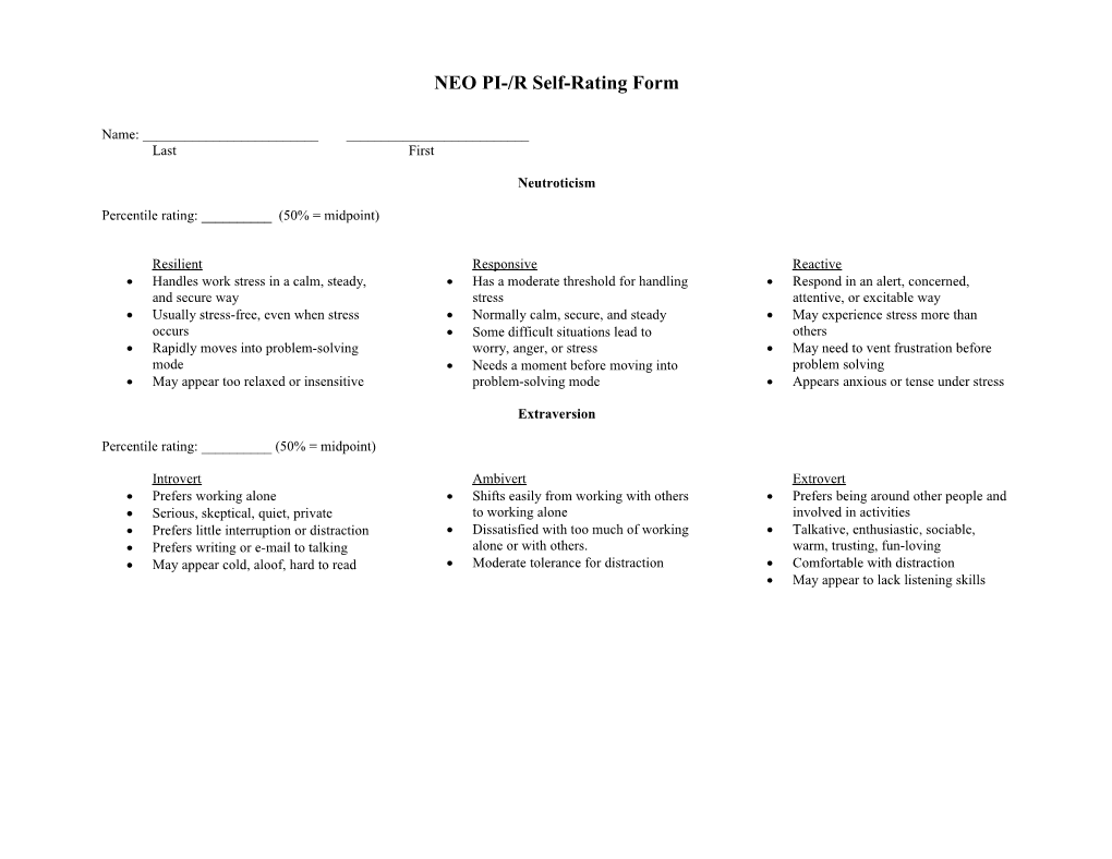 NEO PI-/R Self-Rating Form