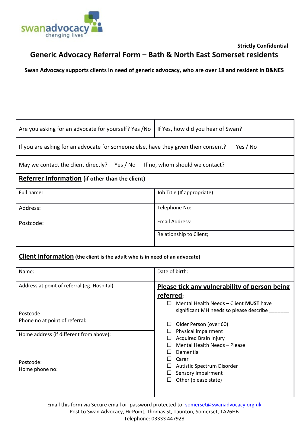 Generic Advocacy Referral Form Bath & North East Somerset Residents