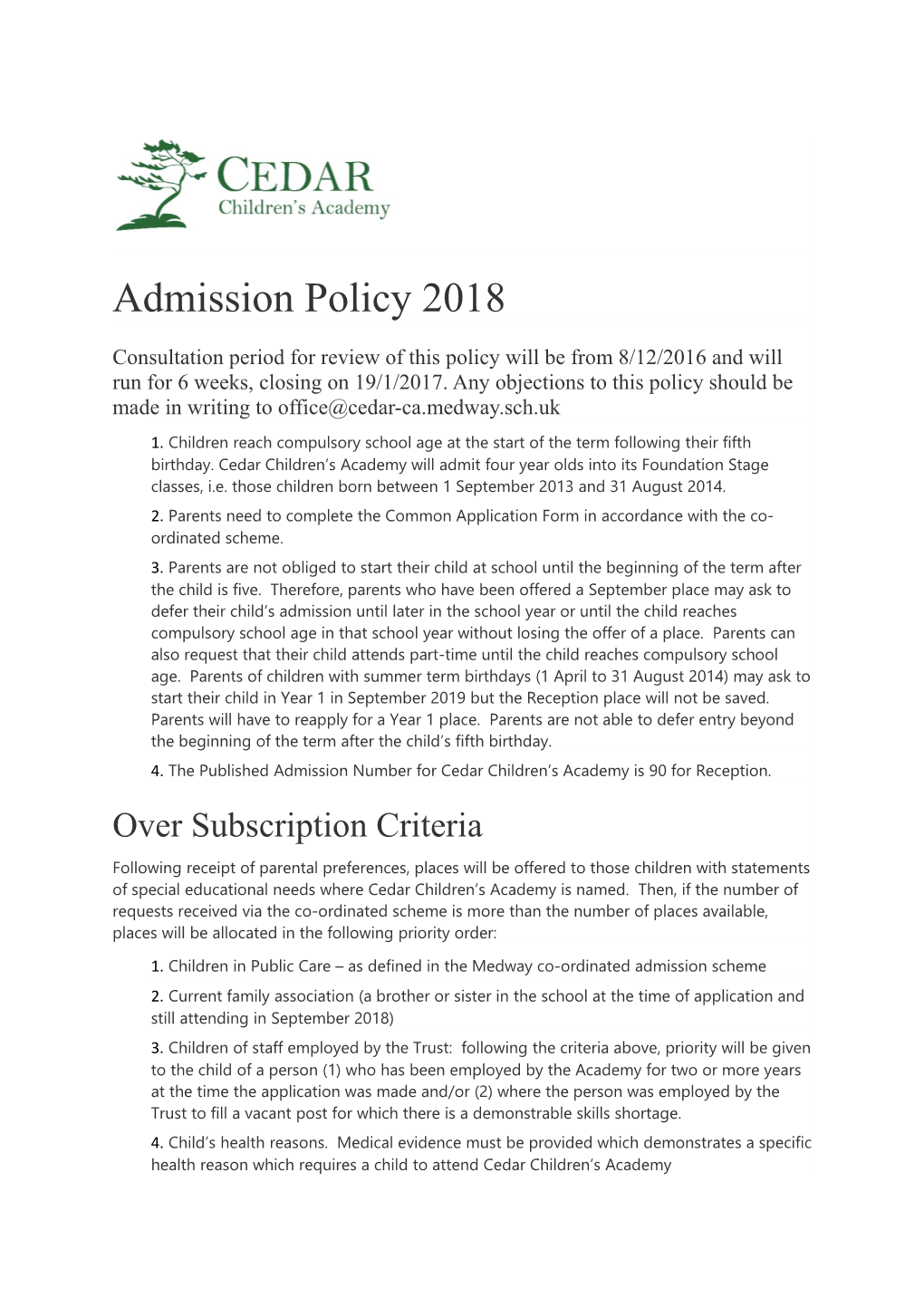 Admission Policy 2018