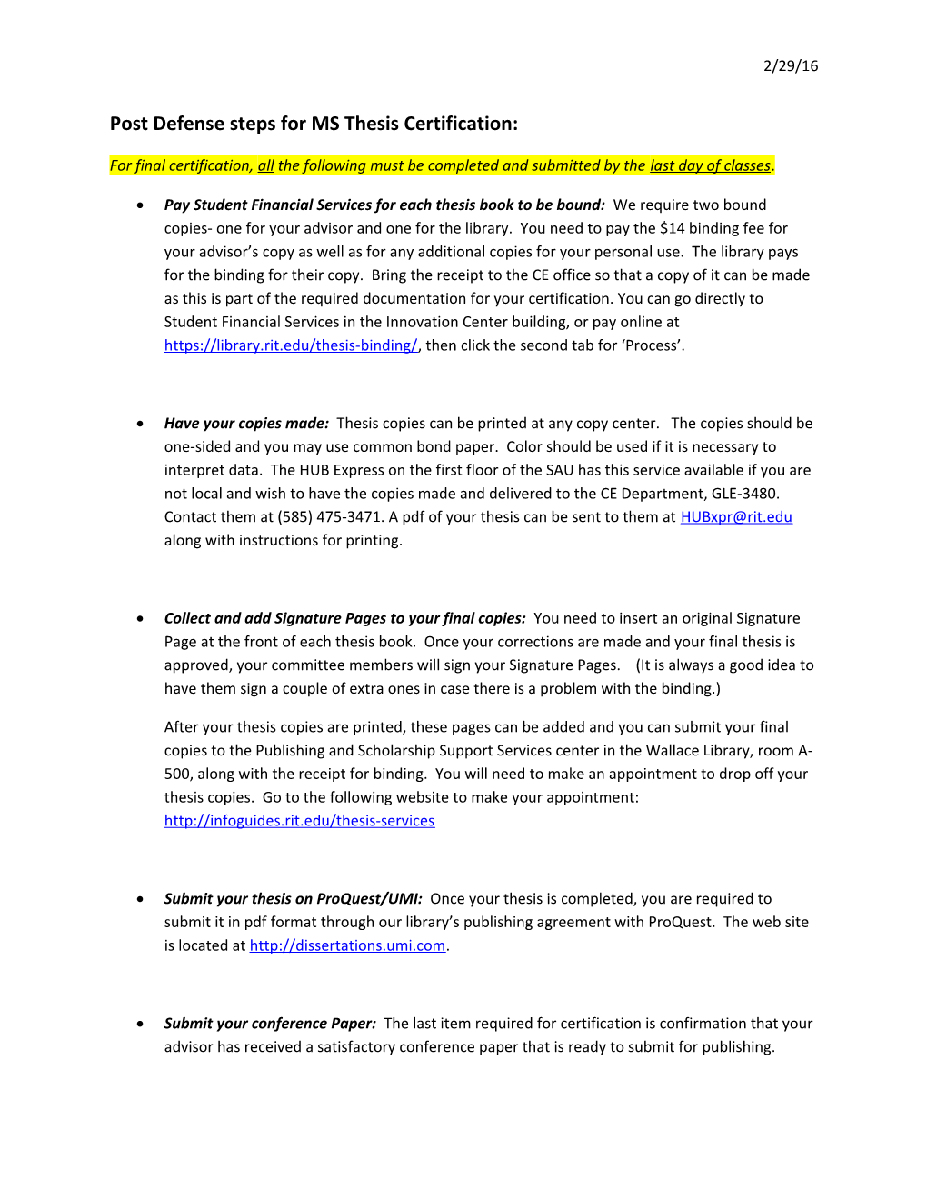 Post Defense Steps for MS Thesis Certification