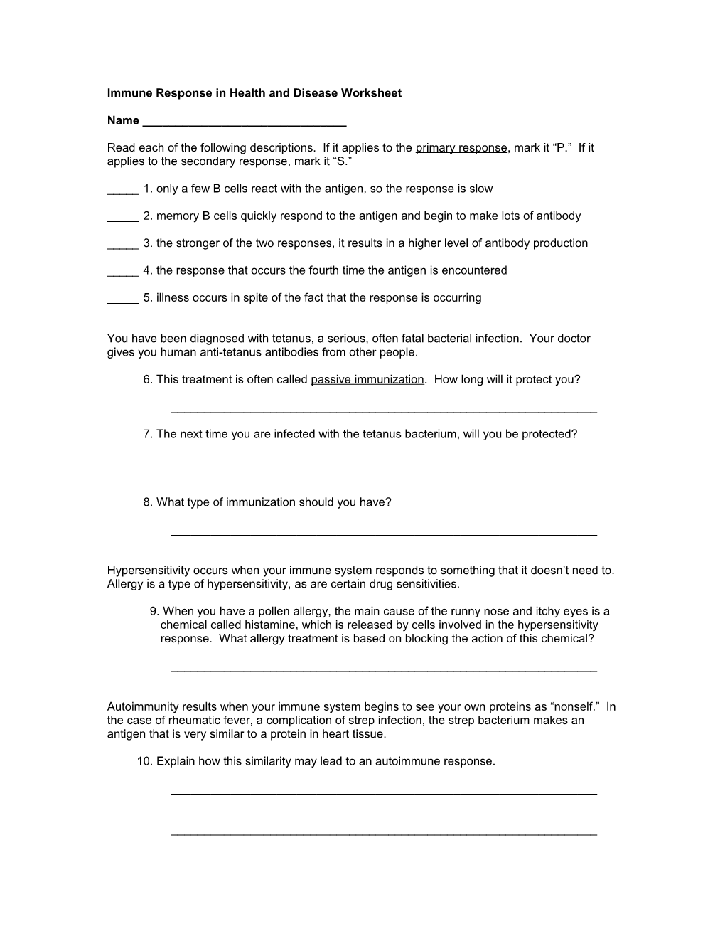 Immune Response in Health and Disease Worksheet