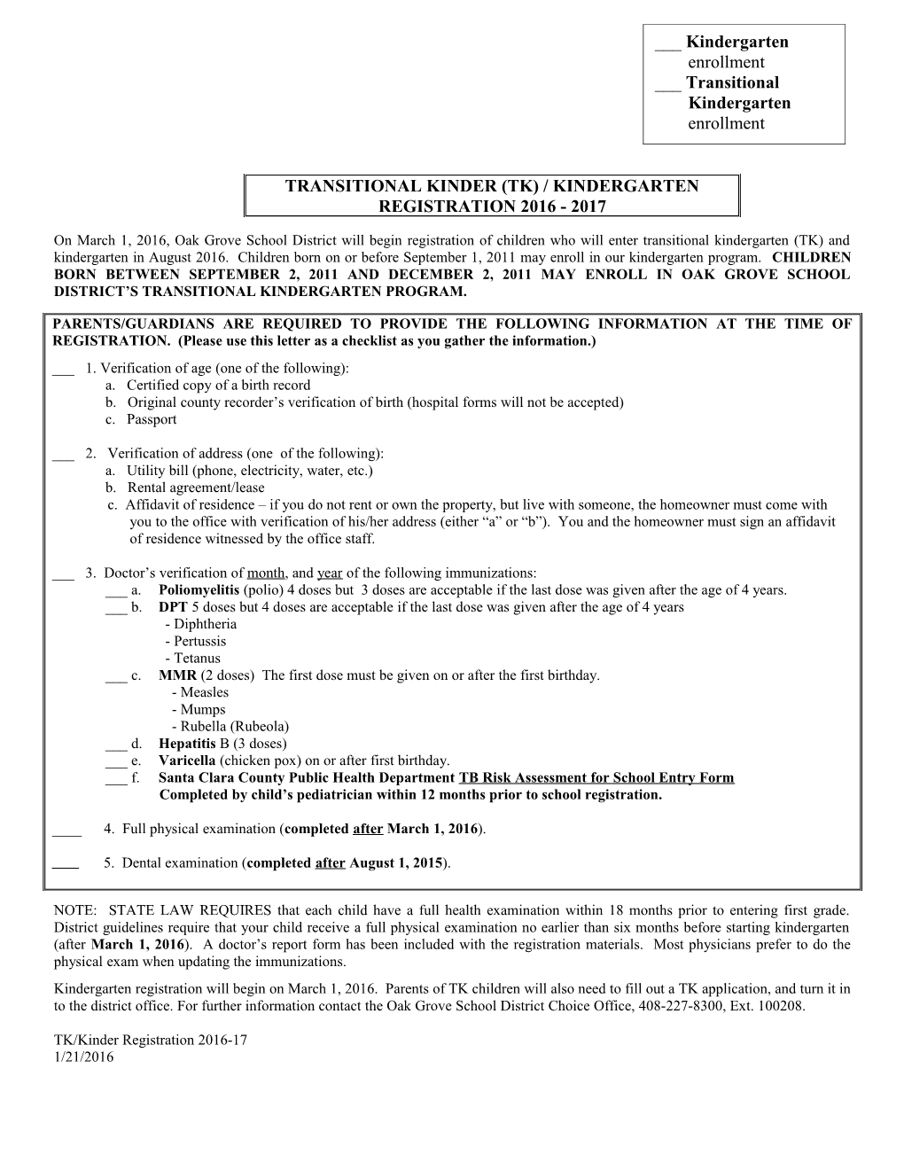 On March 1, 2016, Oak Grove School District Will Begin Registration of Children Who Will