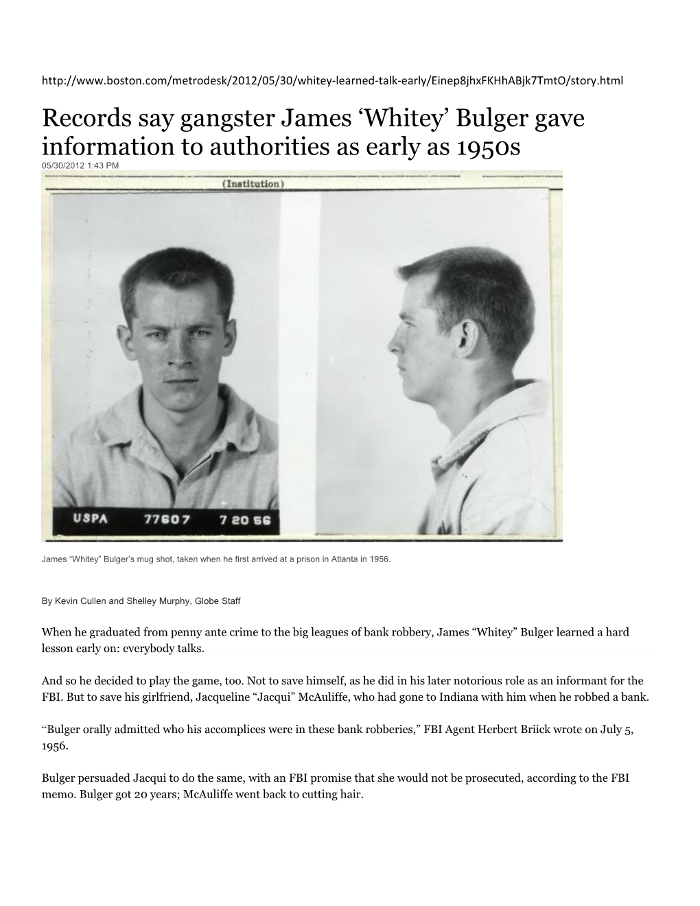Records Say Gangster James Whitey Bulger Gave Information to Authorities As Early As 1950S