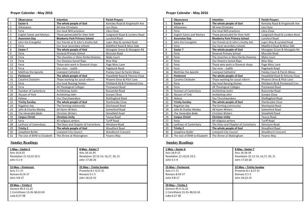 Prayer Calendar - May 2016