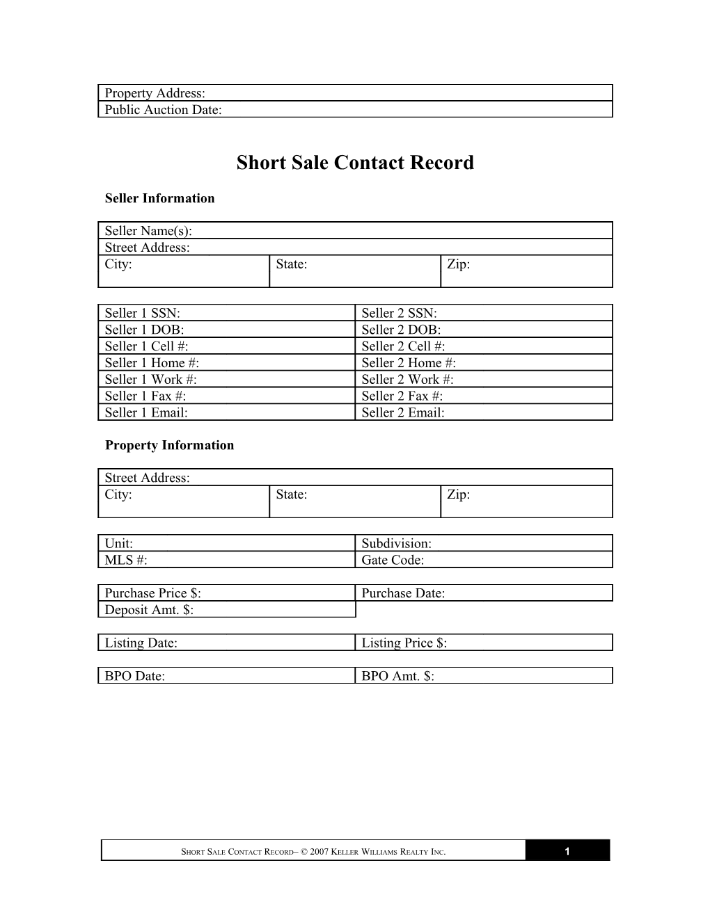 Short Sale Contact Record