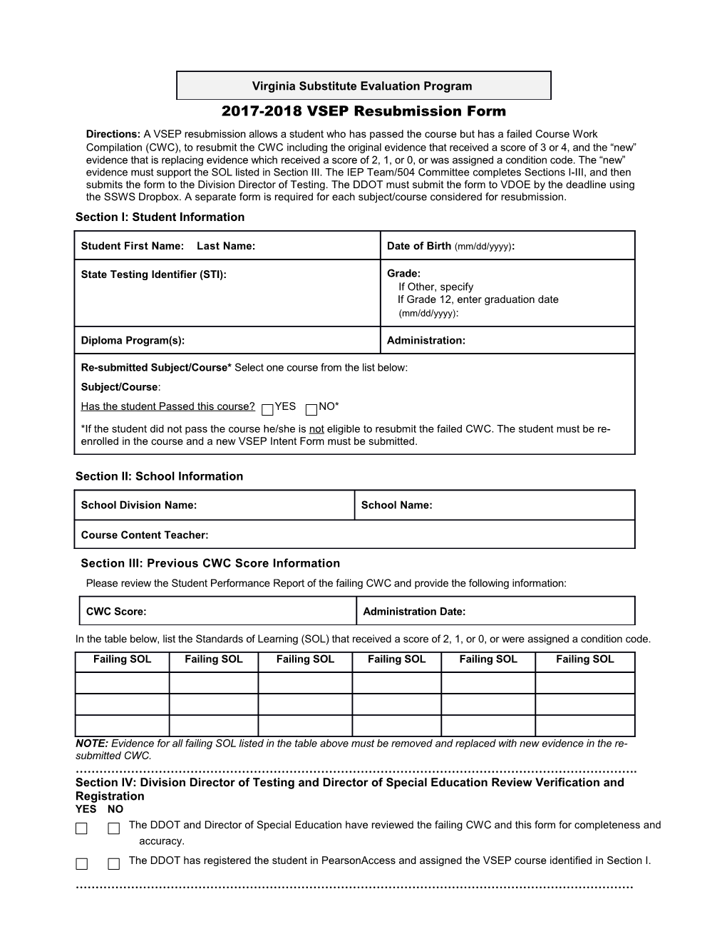 2017-2018 VSEP Resubmission Form