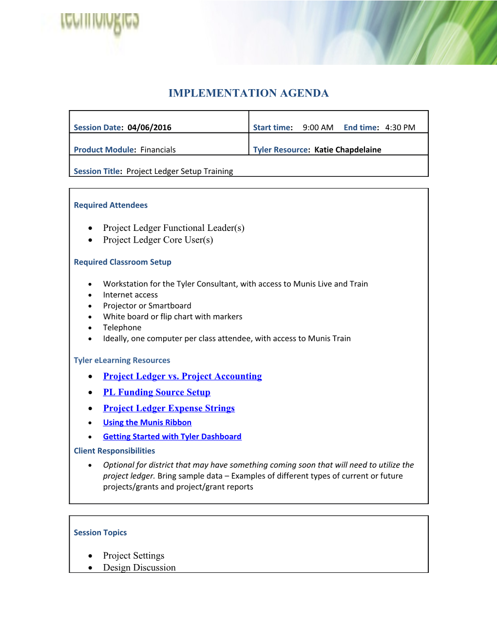 Implementation Agenda