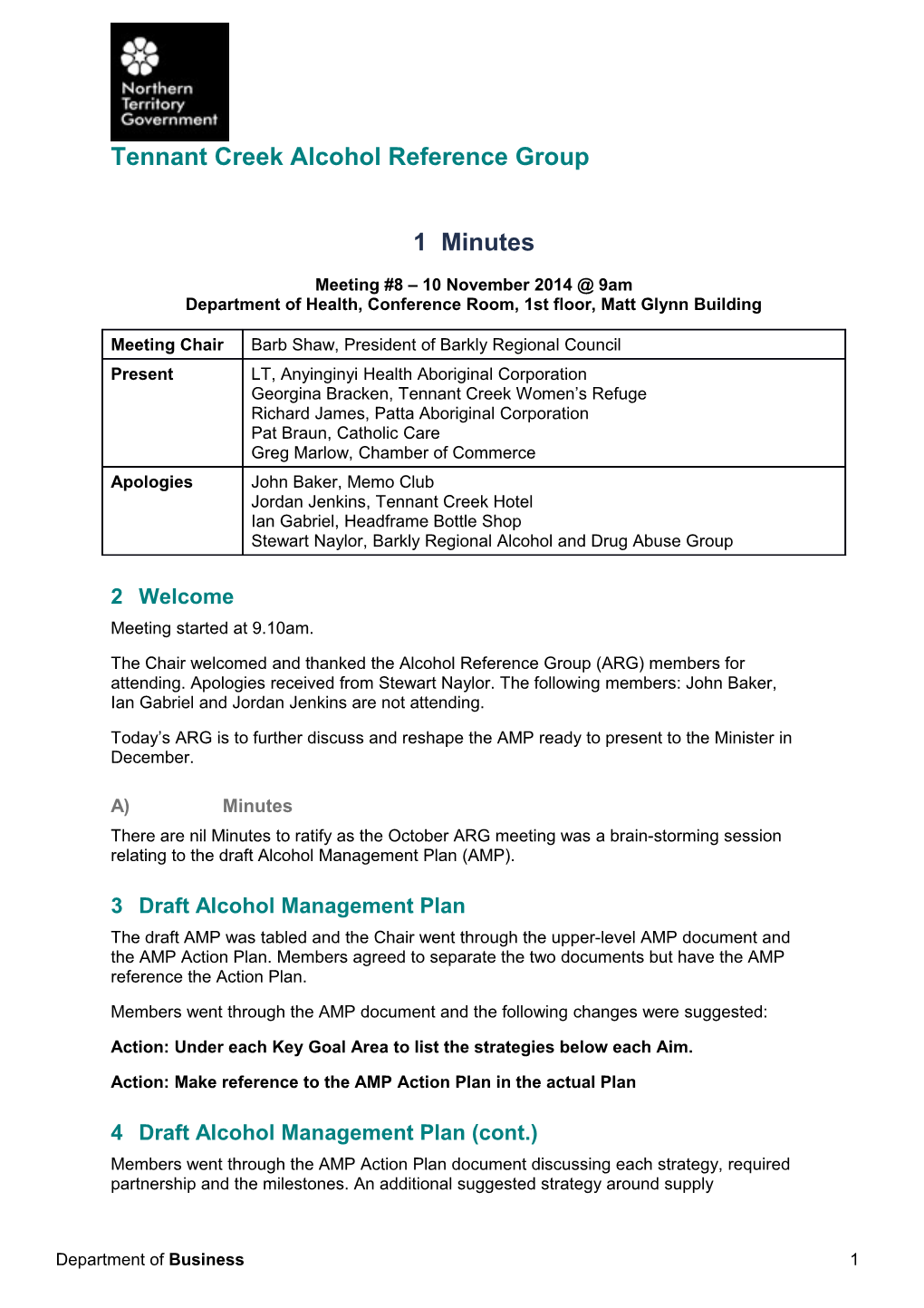 07 Tennant Creek Alcohol Reference Group - Meeting 8 Minutes 10 November 2014