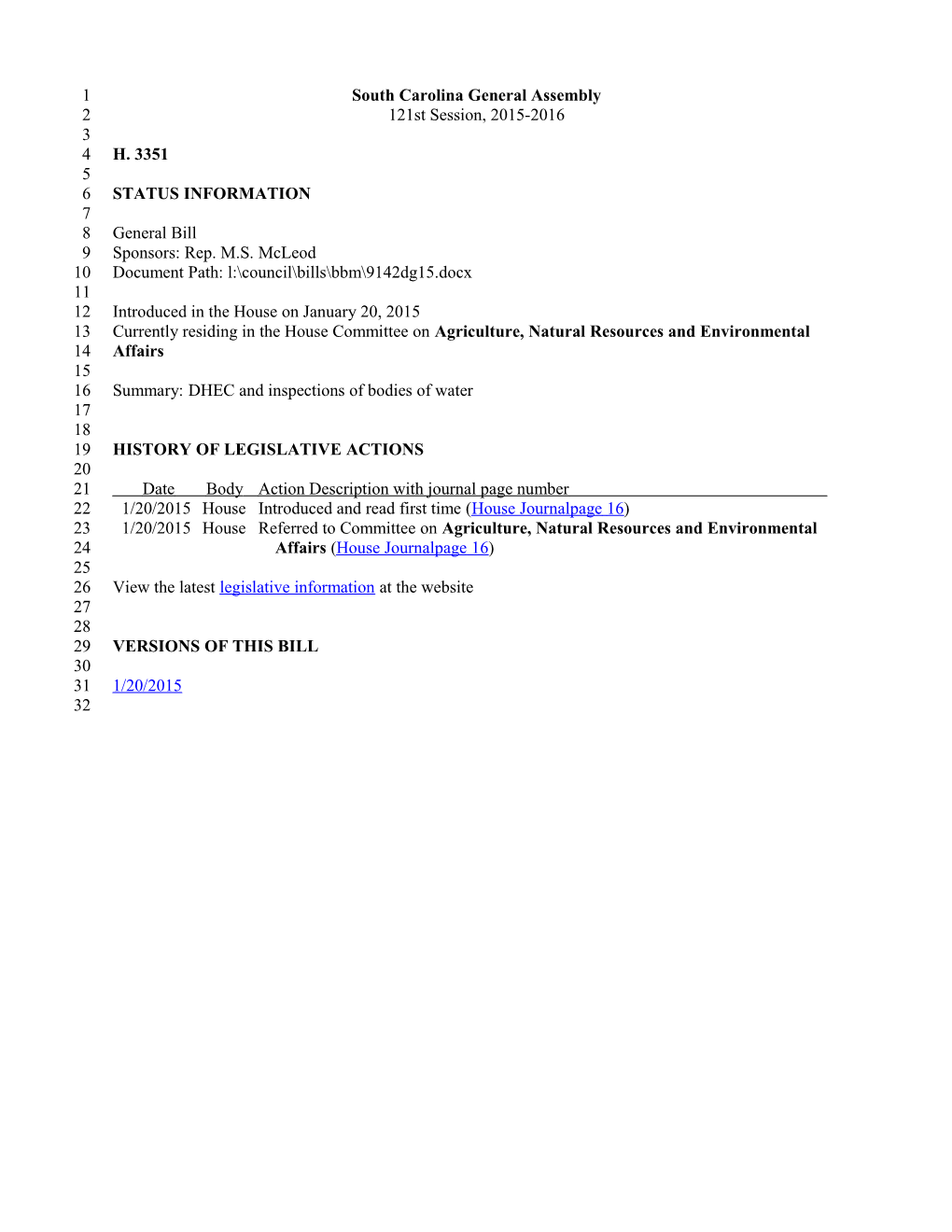 2015-2016 Bill 3351: DHEC and Inspections of Bodies of Water - South Carolina Legislature Online