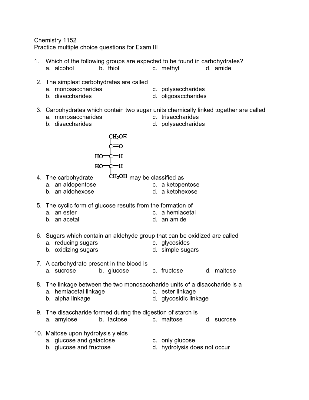 Practice Multiple Choice Questions for Exam III