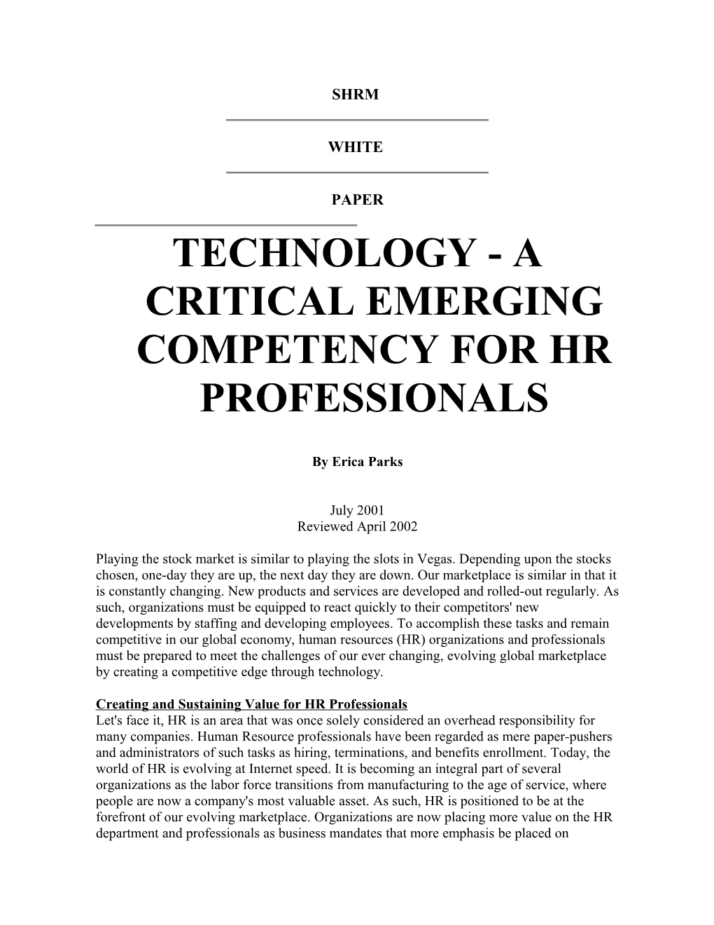 Technology - a Critical Emerging Competency for Hr Professionals