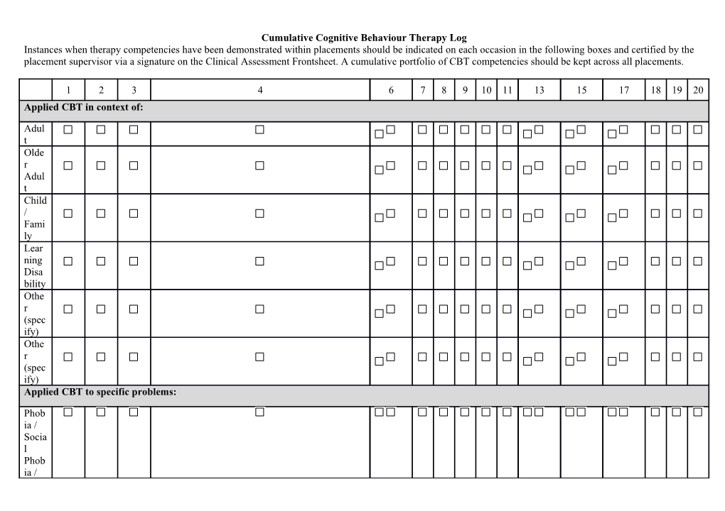 Cumulative Cognitive Behaviour Therapy Log