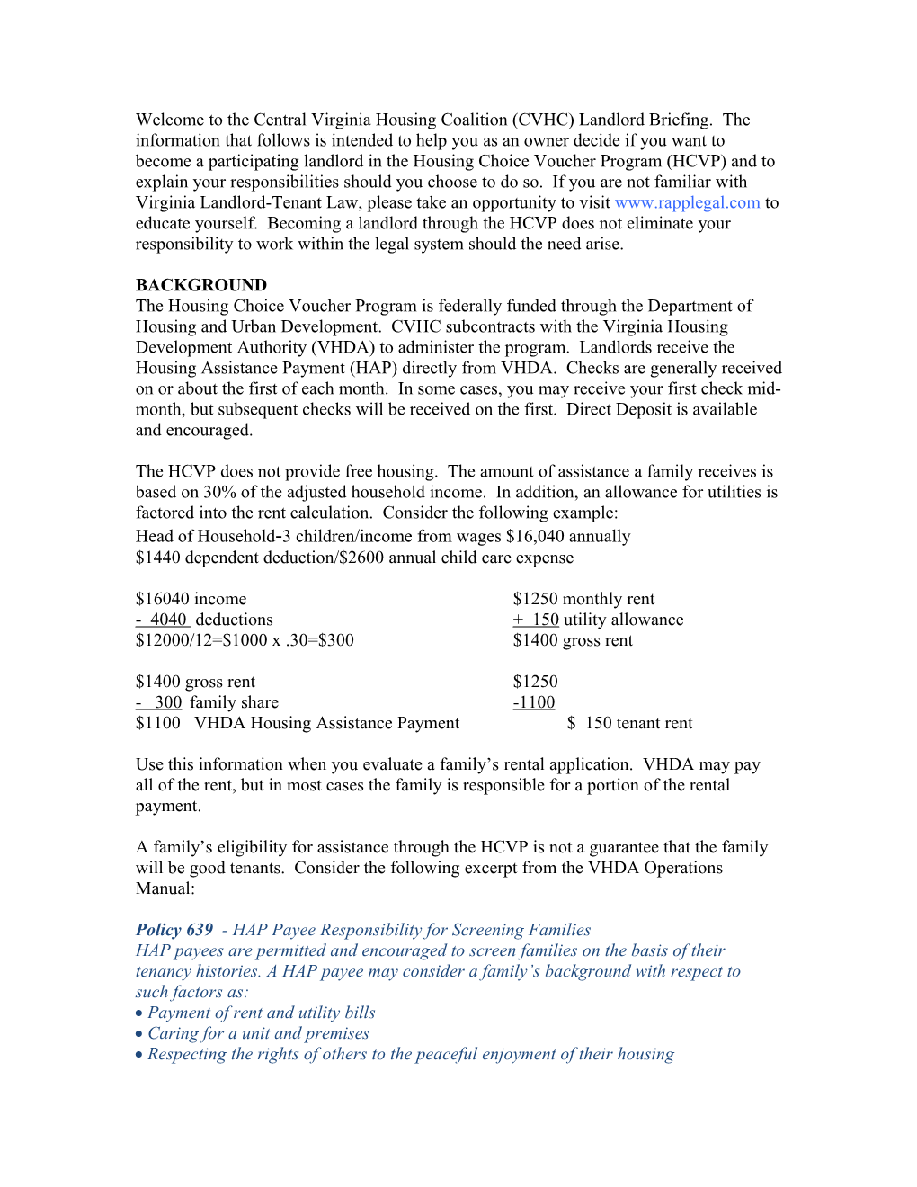 Welcome to the Central Virginia Housing Coalition (CVHC) Landlord Briefing