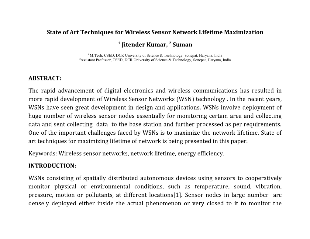 State of Art Techniques for Wireless Sensor Network Lifetime Maximization
