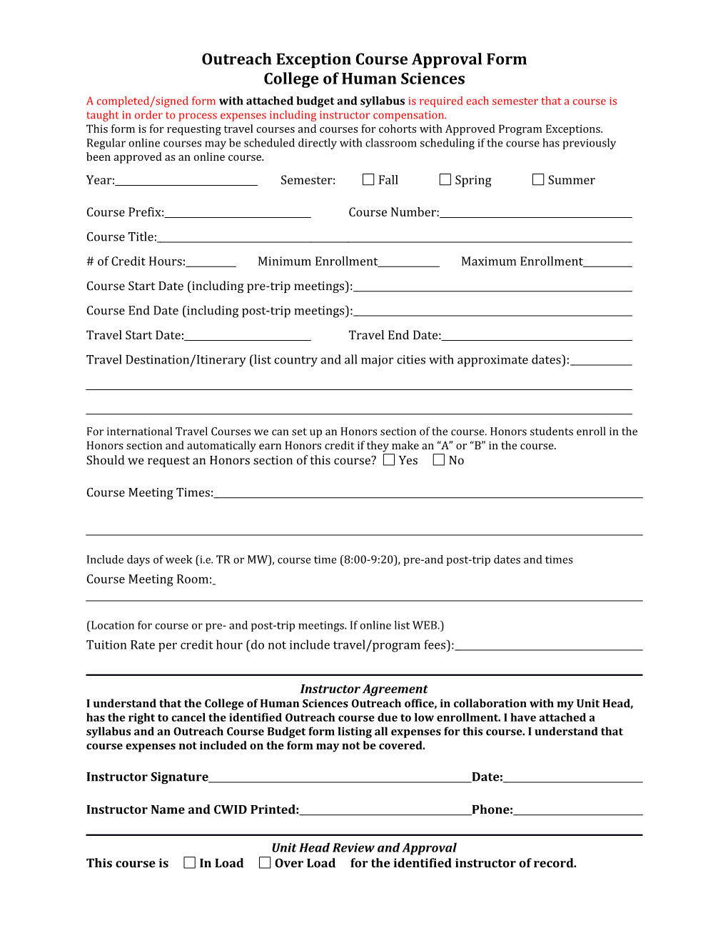 Outreach Exception Course Approval Form