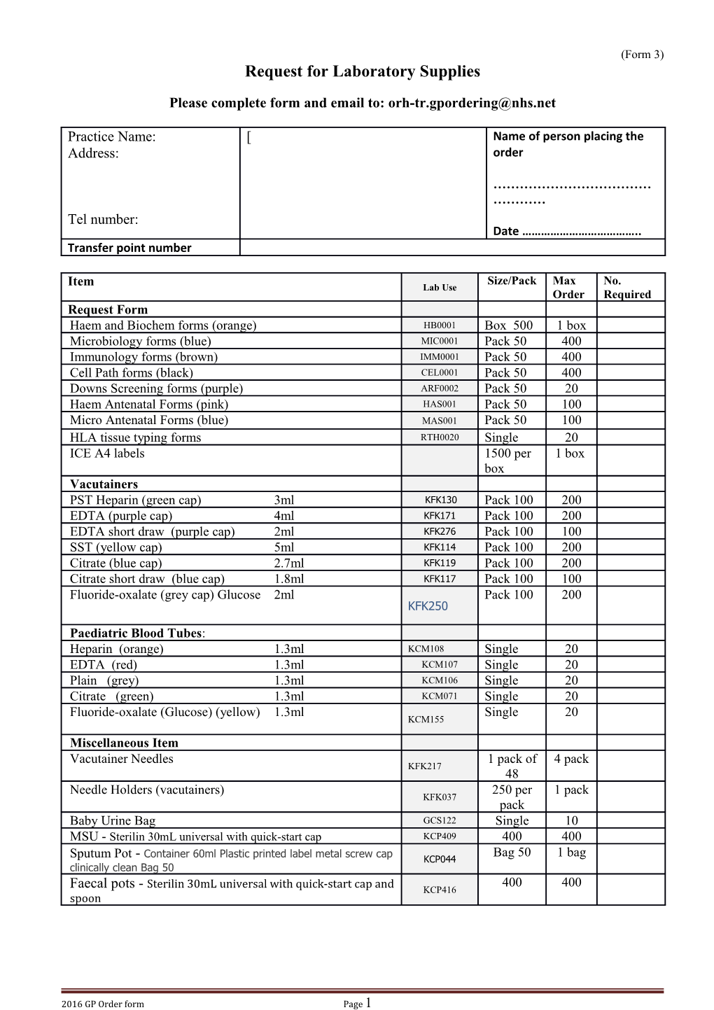 Request for Laboratory Supplies